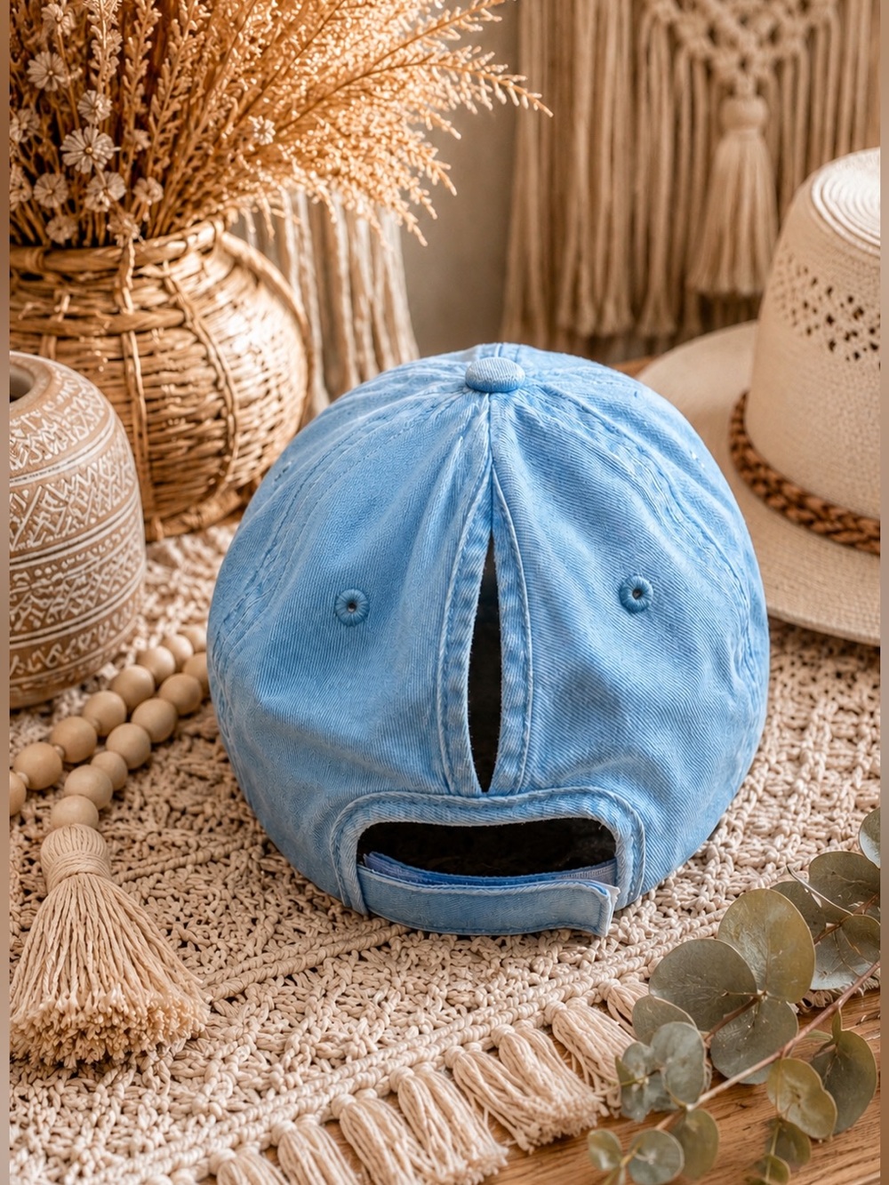Crochet Granny Square Trucker Hat 🧢 Blue Ponytail Baseball Cap Adjustable Boho - Picture 7 of 11